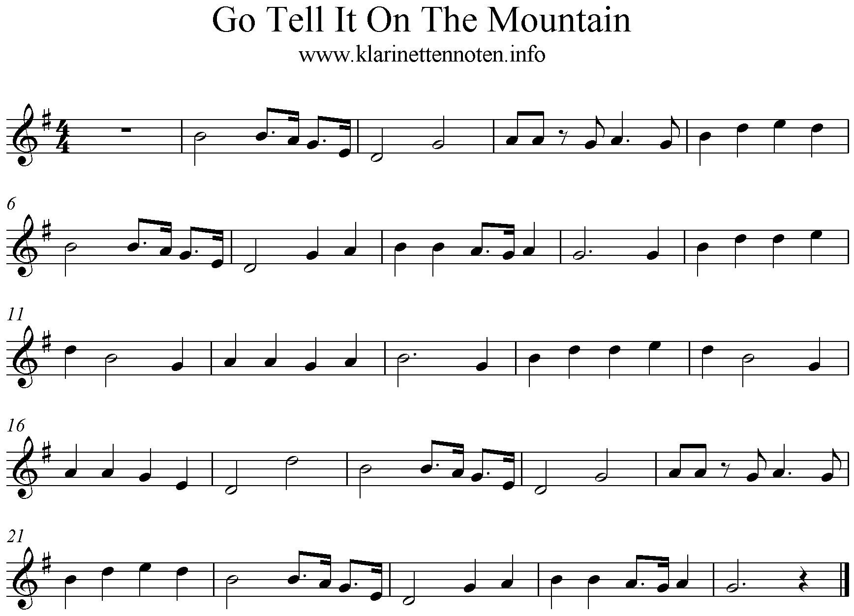 Go Tell it To The Mountain- Klarinettennoten, G-Dur, Clarinet freesheetmusic